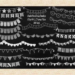 ClipArt de giz Bunting Doodles, clipart de quadro-negro, clipart de banner de giz, celebração, aniversário, bandeiras de giz estampadas, estrelas, corações, xadrez