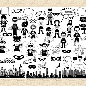 May include: Black and white clip art set of superhero kids, elements, and speech bubbles. The set includes images of kids dressed as superheroes, masks, and words like "Boom!" and "Zap!"