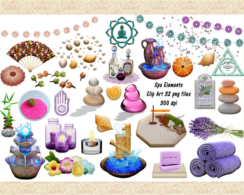 May include: Spa elements clip art set with 32 PNG files at 300 dpi.  The set includes images of a zen garden, a fountain, candles, lavender, towels, a hand of hamsa, a seashell, a fan, stones, and more.