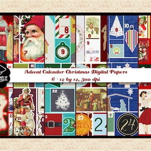 Papéis digitais retro do calendário do advento do vintage, papéis retro da colagem das coisas efêmeras, calendário do natal do advento, calendário do advento de diy, comercial ok