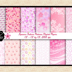Sakura Patterns Papéis Digitais, Flores de Cerejeira Japonesas, Papéis Florais Sakura, Papéis de Pétalas de Sakura, Flor Japonesa, OK Comercial