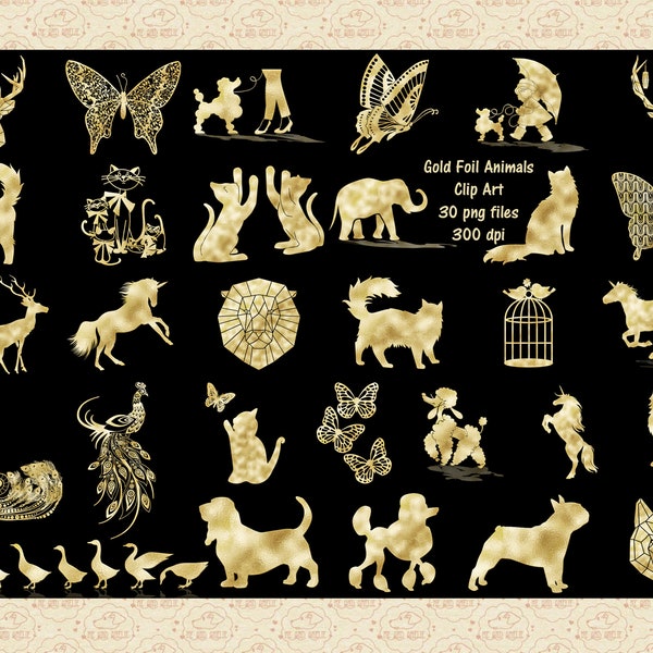 Gold Foil Animals Clip Art, Duck Clip Art, Gold Poodles, Dog Clip Art, Cat ClipArt, Gold Butterfly Clip Art, Elephants, Commercial OK