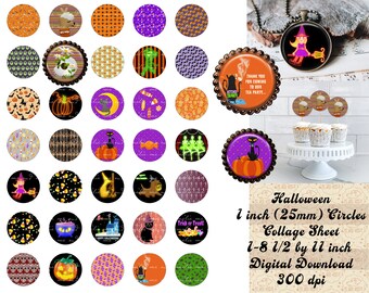 Collage digital de círculos de Halloween, imágenes de tapas de botellas de 1 pulgada (descarga digital)