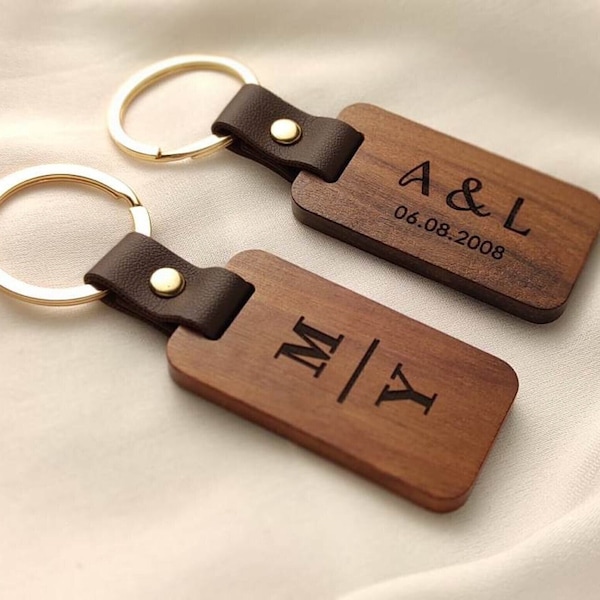 Porte Clé Personnalisé en Bois de noyer et Cuir, Porte-clés en bois Personnalisé avec Logo, Cadeau pour Couple personnalisé avec initiales