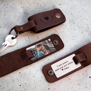 Porte-clé Photo en Cuir Véritable Personnalisé, Porte clé Photo en cuir, Cadeau Personnalisé Fête des Mères, Fête des Pères, Noces de cuir