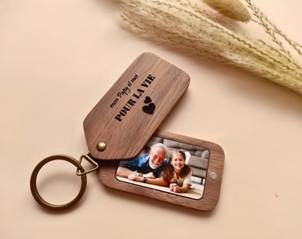 Porte clés en Bois gravé avec Photo, Porte-clés Photo Personnalisable, Porte clé avec Photo, Cadeau famille, Cadeau Couple