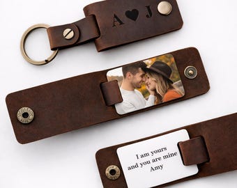Genuine Leather Photo Keychain, Personalized Keychain with Photo and Engraving, Gift for Mother's Day, Father's Day, Engraved Leather Keychain