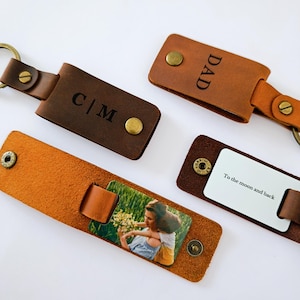Llavero de cuero genuino personalizado con foto y grabado, llavero de cuero con foto, regalo personalizado para el Día del Padre y el Día de la Madre.
