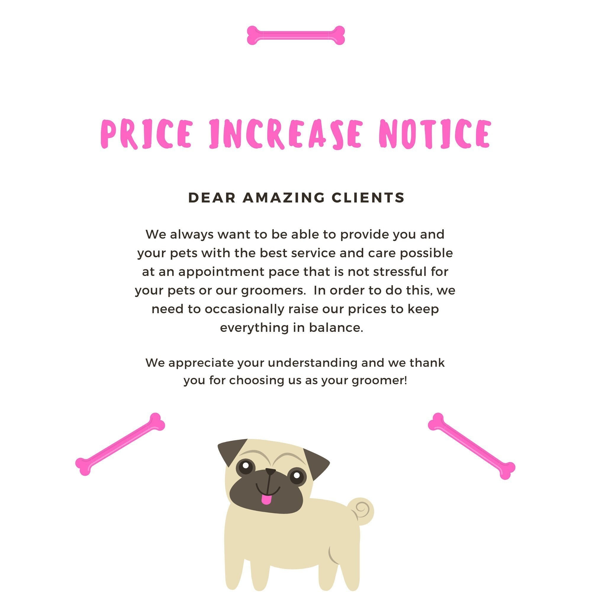 Pet Grooming Salon Price Increase Notice Sign Digital Etsy