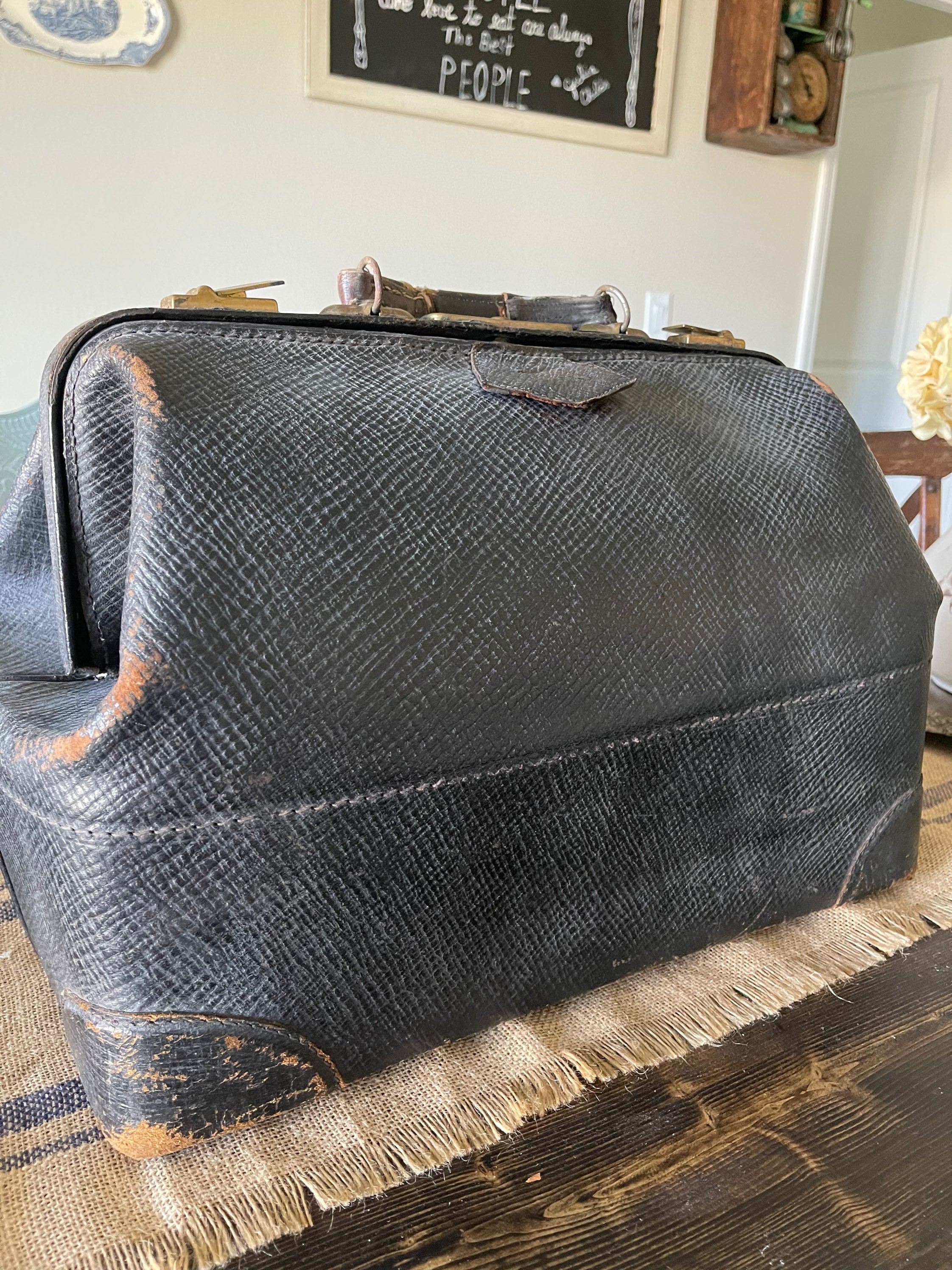 Antique Doctors Medical Bag Black With Corduroy Interior 