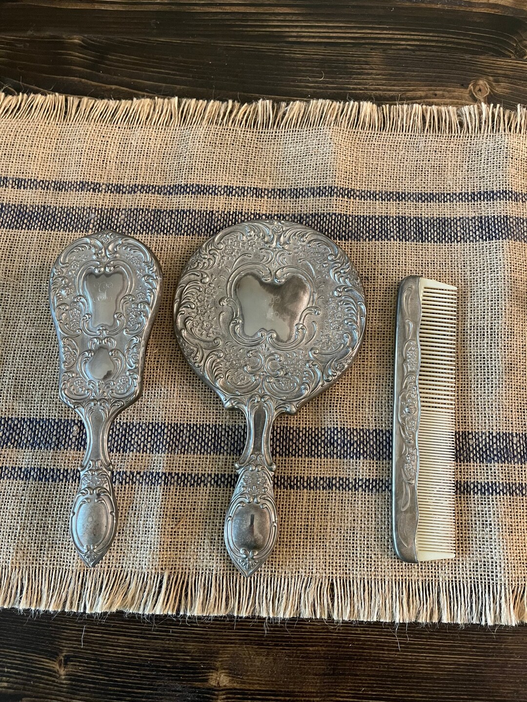 Antique Brush Comb and Mirror Silver/silver Plated Ornate