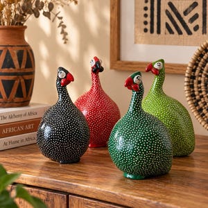 Pode incluir: Três figuras de galinha-d'angola em preto, vermelho e verde, cada uma com um padrão de bolinhas brancas, um bico vermelho e um olho branco. As esculturas têm corpos arredondados e pescoços longos, em pé com um acabamento liso e brilhante.