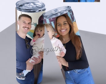 May include: Two stainless steel tumblers with a family photo wrap. The photo shows a man, a woman, and a child. The tumblers have a silver lid and are displayed on a gray surface.