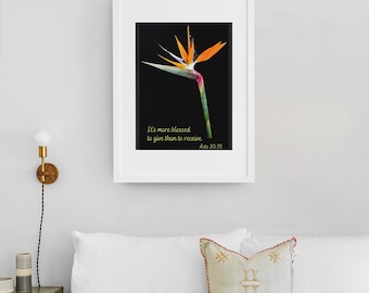 Bird of Paradise Flower Painting, Printable Christian Wall Art, Blessing Giving Inspirational Bible Quotes, Display Screen, Black Vertical