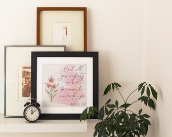 Peter 5:7 Bible Verse Art, Pink Floral Christian Framed Poster