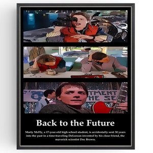 May include: A black and white poster with a collage of scenes from the movie Back to the Future. The poster features the text "Back to the Future" and a description of the movie's plot. The movie's main character, Marty McFly, is featured in each scene.