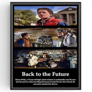 May include: A collage poster featuring scenes from the movie Back to the Future. The poster includes a black and white image of a band playing on stage, a color image of Marty McFly standing in front of a building, and a color image of Marty McFly and Doc Brown in the DeLorean time machine. The poster has the text "Back to the Future" and a description of the movie's plot.