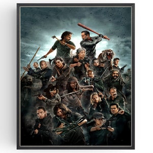 Peut inclure: Un groupe de personnages de la série télévisée The Walking Dead sont représentés dans une pose dramatique. Les personnages sont armés de diverses armes, notamment une batte de baseball, un katana et une arbalète. L'arrière-plan est un ciel sombre et orageux.