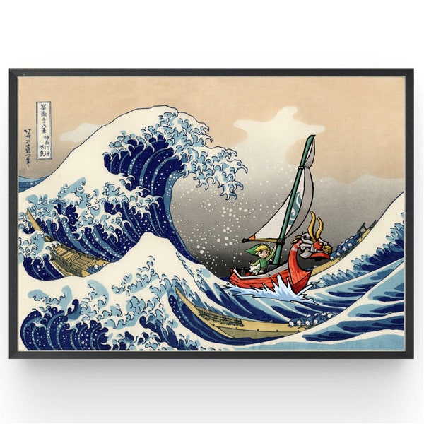 Poster Legend of Zelda Windwaker La grande vague au large de Kanagawa – Idées de décoration murale pour chambre à coucher, jeux vidéo, homme des cavernes, Idées cadeaux d'anniversaire