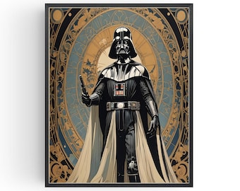 Peut inclure: Une illustration en noir et blanc de Dark Vador, un personnage de la franchise Star Wars, debout devant un motif circulaire doré et bleu.