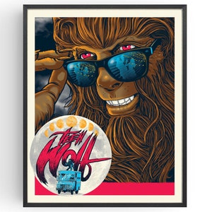 May include: A poster featuring a werewolf wearing sunglasses with a full moon and the text "Teen Wolf" in the background.