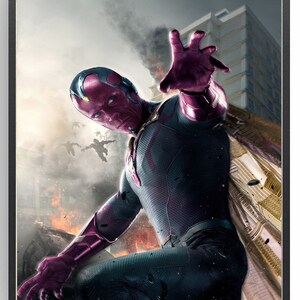 May include: A framed print featuring a superhero in a dynamic pose. The character has a red face and headpiece, with a dark blue and purple suit. The background shows a city in flames and other figures in the distance.