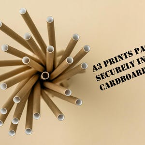 May include: An overhead shot of a bundle of brown paper straws with white interiors. The straws are arranged in a circular pattern. Text on the right reads: "A3 PRINTS PACKED SECURELY IN STRONG CARDBOARD TUBES."