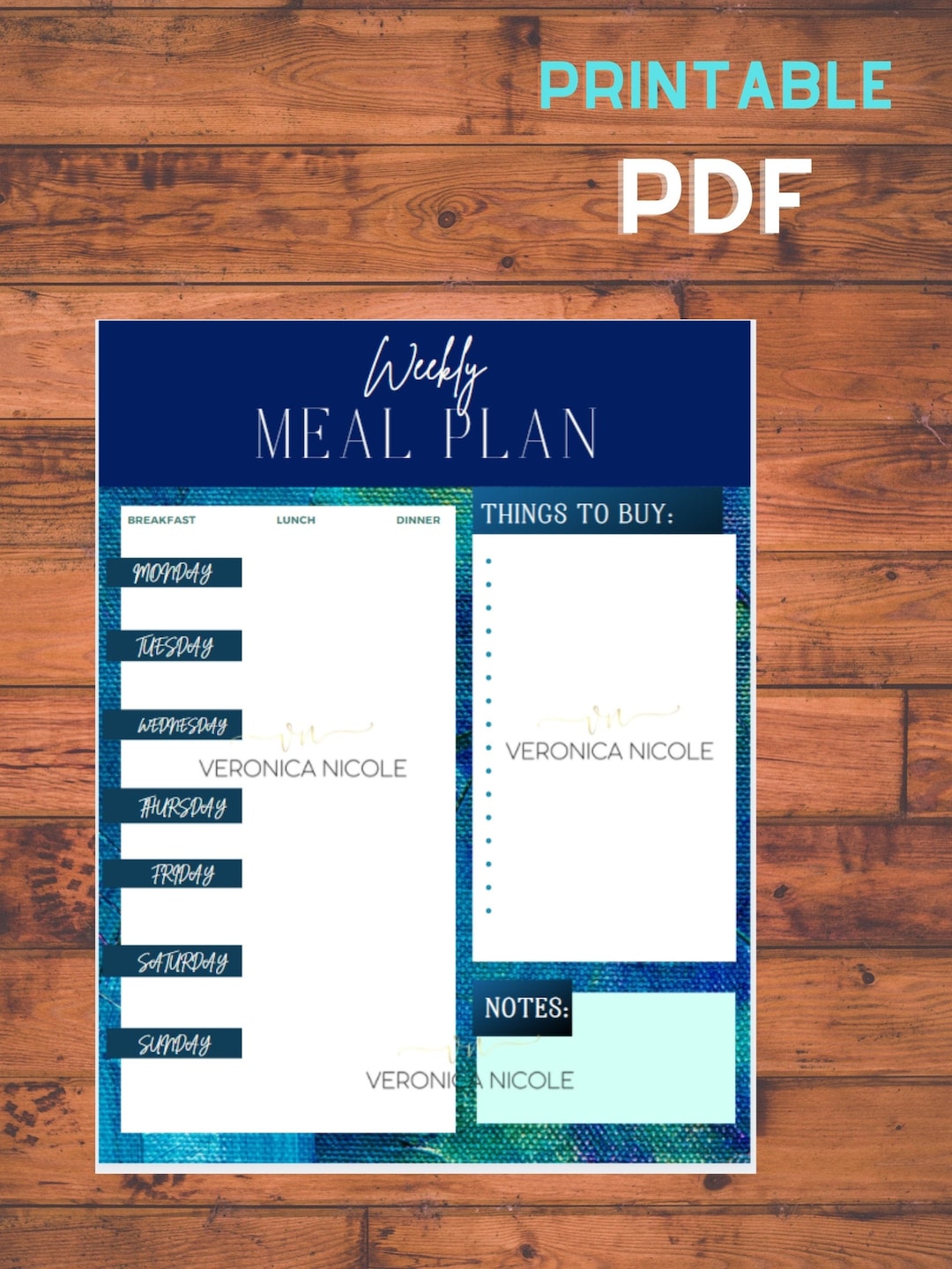 Single Printable Weekly Meal Plan and Shopping List - Etsy