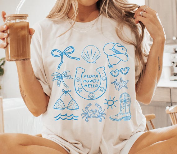 Aloha Howdy Hello Coastal Cowgirl T-Shirt, Seaside Cowgirl Graphic Tee, Unisex Beach Shirt, Casual Summer Top, Gift for Cowgirls