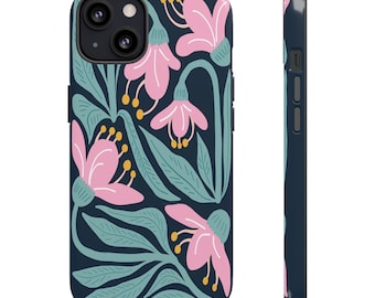 Stoer iPhone-hoesje met retro bloemenprint in marineblauw en roze, slagvast voor stijl en dagelijks gebruik, vrouwelijk bloemdessin