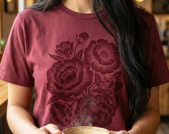 Grafisch T-shirt bloemen tuinieren, bloemenshirt vintage stijl, zwart-wit T-shirt lentebloem, Moederdagcadeau, shirt natuurkunst