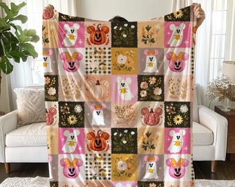 Minnie Ghost Velveteen Plush Halloween Blanket | Mickey Pumpkin Pink and Orange Halloween Throw