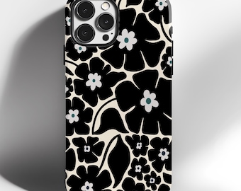Stoer iPhone-hoesje Retro madeliefjeprint in zwart en crème, slagvast voor stijl en dagelijks gebruik, vrouwelijk bloemdessin