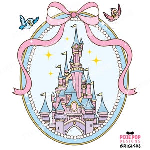 Coquette château magique avec noeud rose PNG, Royaume magique de la Belle au bois dormant numérique, ruban rose de dessin animé Png, princesse Png pour des vacances en famille