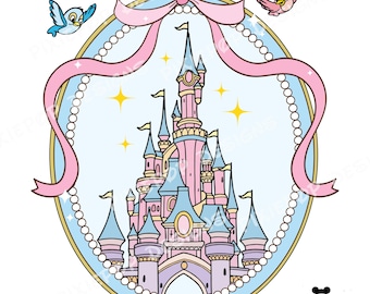 Magical Castle Coquette with Pink bow PNG, Magic Kingdom Sleeping Beauty Digital, Cartoon Pink Ribbon Png, Princess Png for Family Vacation
