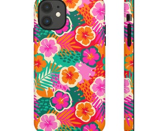 Helder kleurrijk tropisch bloemenpatroon telefoonhoesje, tropisch telefoonhoesje, iPhone 16 15 14 13 12 11 Pro, Samsung Galaxy S25 S24 S23 S22 Ultra