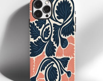 Stoer iPhone-hoesje Retro madeliefjeprint in marineblauw en perzik, slagvast voor stijl en dagelijks gebruik, vrouwelijk bloemdessin