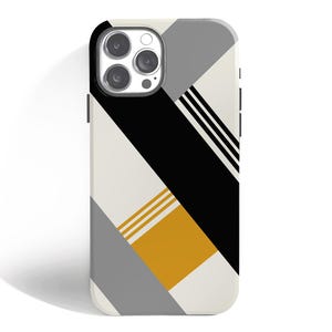 Custodia per telefono moderna e resistente a strisce nere, grigie e dorate per iPhone 16 15 14 13 12 Pro Max Design minimalista Estetica audace Design moderno alla moda