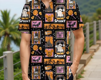 Camisa havaiana assustadora para acampamento masculino, camisa de Halloween, camisa de acampamento AOP, camisa de festa na praia, camisa estilo boho