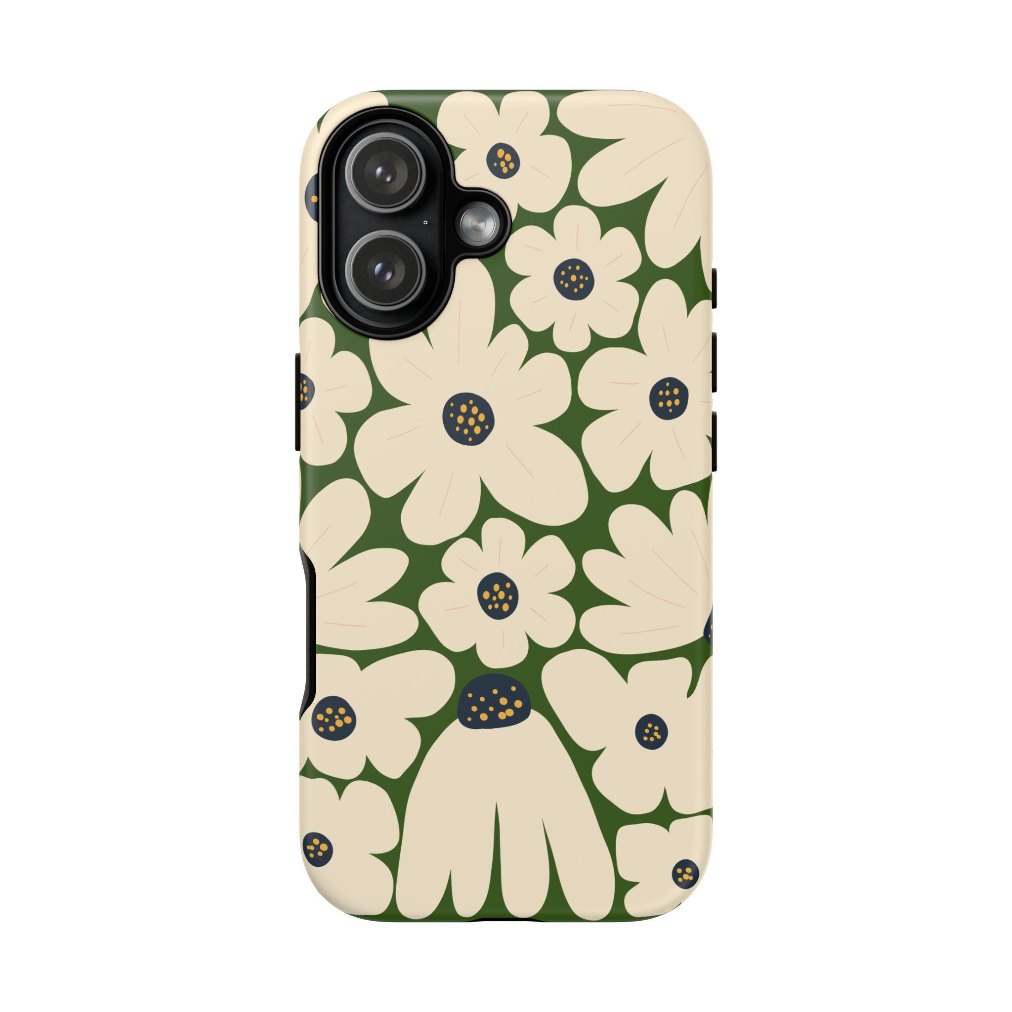 Tough iPhone Case Vintage Daisy Print in Green and White, Impact