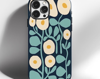 Stoer iPhone-hoesje Retro madeliefjeprint in blauwgroen, marineblauw en crème, slagvast voor stijl en dagelijks gebruik, vrouwelijk bloemdessin