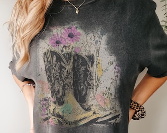 Vintage T-shirt cowboylaarzen | Overhemd met distressed laarzen | Retro western T-shirt uniseks comfortkleuren | T-shirt westernlaarzen