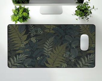 Botanical Art Nouveau Desk Mat - Jungle Fern Sage Green Floral and Plant Detailed Design - Ideal Cute Office Decor Large Keyboard Mat