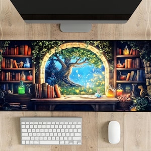 Fantasy Desk Mat - Mystical Library Mouse Pad, Bookish Deskmat, Dark Academia Mousepad, Cottagecore Playmat, Enchanted Forest