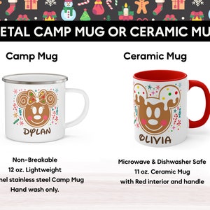 May include: Two mugs are displayed, a white enamel camp mug and a ceramic mug. The camp mug has a gingerbread-style Minnie Mouse design with the name "DYLAN". The ceramic mug has a similar design with the name "OLIVIA" and a red interior and handle.