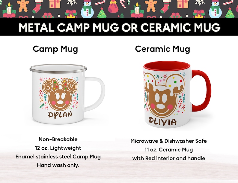 May include: Two mugs are displayed, a white enamel camp mug and a ceramic mug. The camp mug has a gingerbread-style Minnie Mouse design with the name "DYLAN". The ceramic mug has a similar design with the name "OLIVIA" and a red interior and handle.