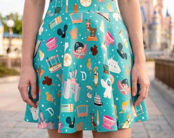 Gonna skater da adulta con icone dei parchi Disney, perfetta per una vacanza a Disneyland o DisneyWorld.