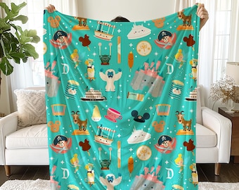 Coperta in velluto con motivo icone dei parchi a tema / Plaid per fan Disney, regalo per gli amanti della Disney