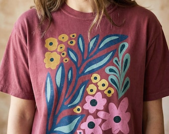 Comfort Colors® boho cottagecore-t-shirt, shirt met botanische bloemen en wilde bloemen, tuinman en Moederdag, verjaardagscadeau voor haar