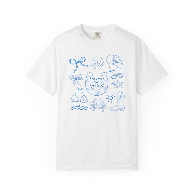 T-shirt cow-girl côtière Hello Aloha, t-shirt graphique cow-girl bord de mer, chemise de plage unisexe, haut d'été décontracté, cadeau pour cow-girl image 3
